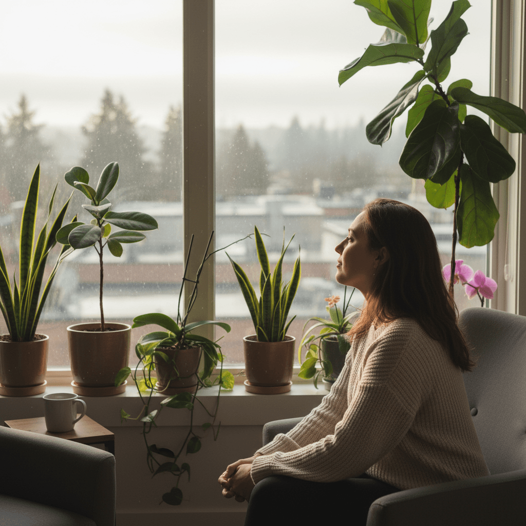 Client in reflective peaceful moment