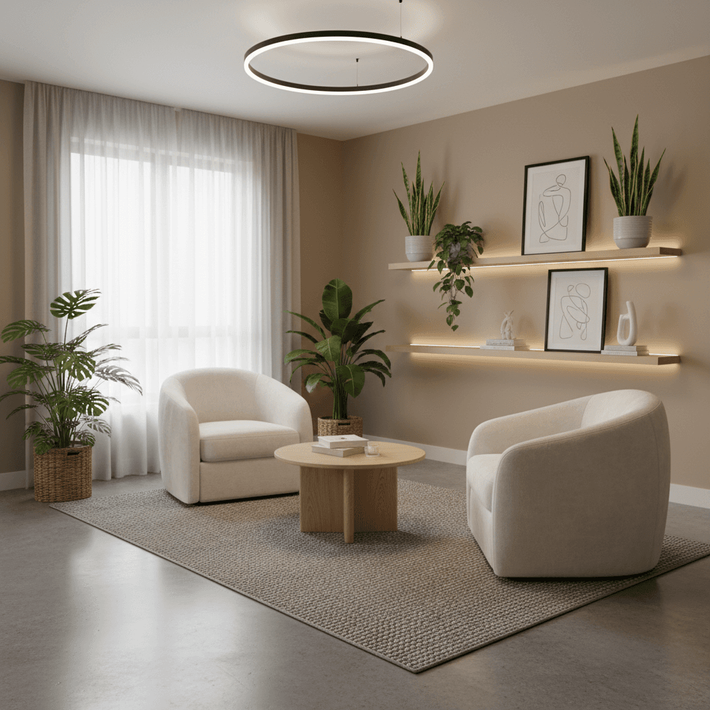 Therapy office with comfortable seating, soft lighting, and calming neutral décor, reflecting a professional and inviting atmosphere