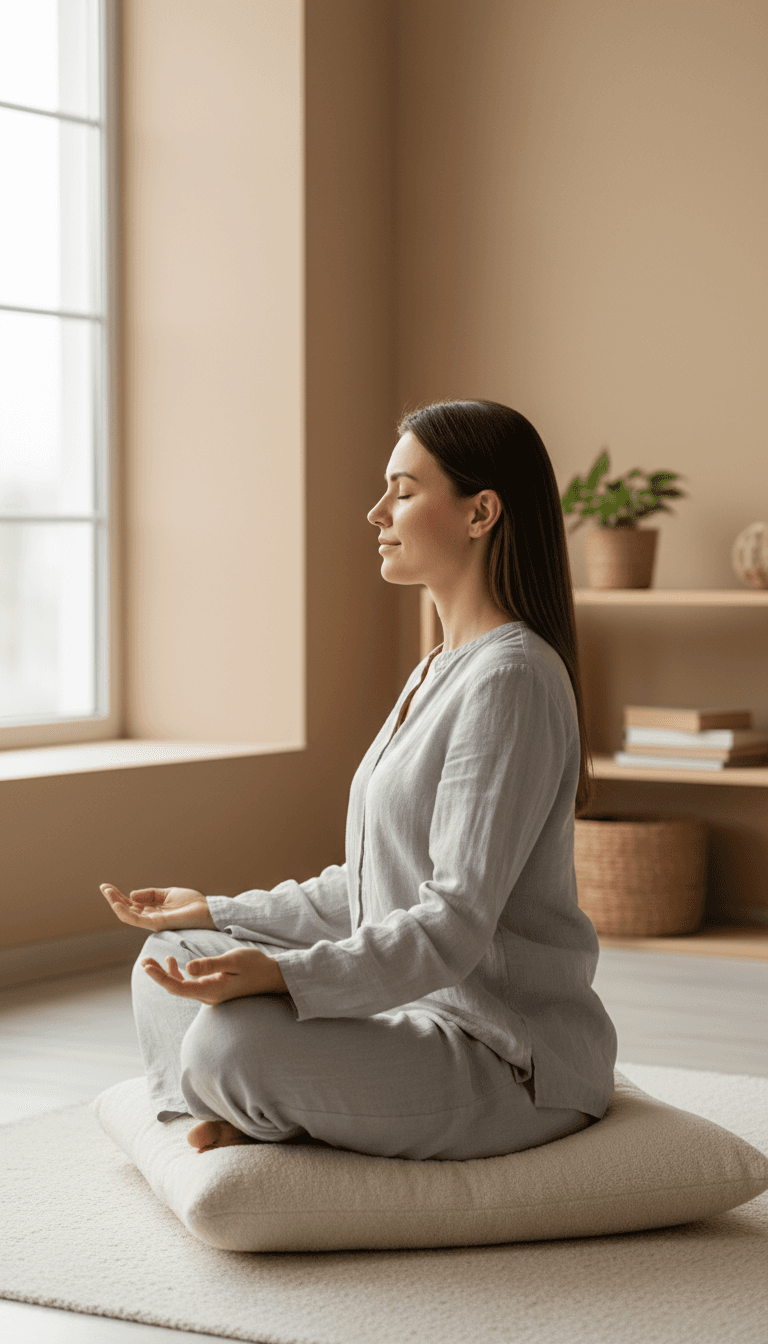 Serene woman sitting cross-legged in a grounding pose indoors