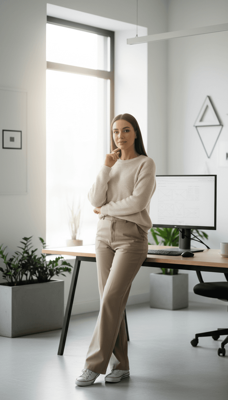 Professional female web developer standing confidently by large window with modern curved monitor displaying responsive website layouts